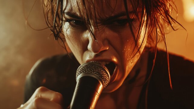Passionate Female Singer Performing Live with Microphone in an Orange Backlight
