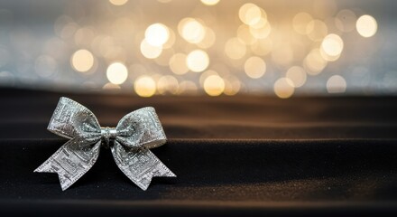A delicate silver ribbon tied into a bow sits on a smooth black surface with soft bokeh lights in the background casting a warm glow for a refined holiday celebration