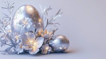 Digital floral designs and metallic Easter eggs with glowing accents on the left side, right side blank for text, perfect for tech-inspired holiday marketing.