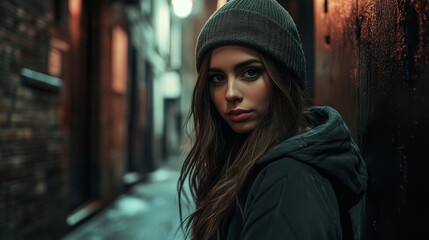 Obraz premium Pensive Young Woman in Beanie and Hoodie Stands in Dark Urban Alleyway at Night