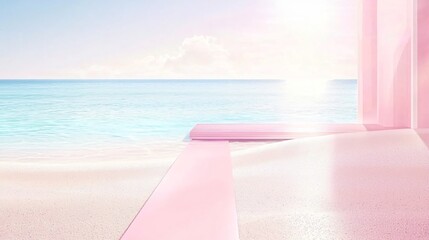 Obraz premium Pink architectural elements overlook serene beach scene under a bright sky