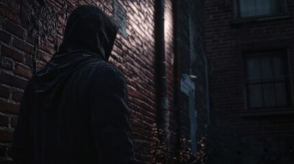 Naklejka premium Person in Hoodie Standing in Rainy Alleyway Against an Old Brick Wall at Night