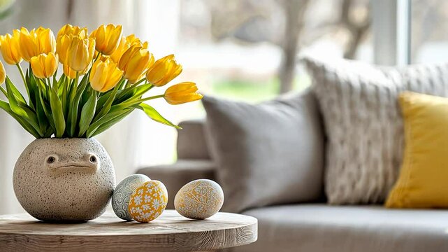 Elegant Easter Table Arrangement with Tulips and Decorative Eggs