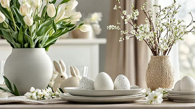 Elegant Easter Table Setting with Soft Neutrals and Seasonal Touches