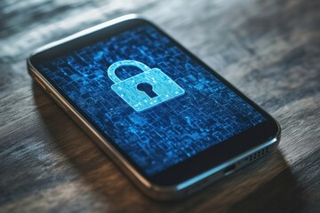 A smartphone rests on a wooden surface, featuring a glowing lock symbol on its screen, highlighting the importance of digital security Generative AI
