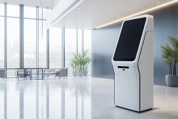 Modern self-service kiosk in a sleek reception area. Ideal for showcasing innovation and convenience in a professional environment.