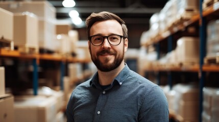 Obraz premium Portrait of a Man with Eyeglasses in a Warehouse Surrounded by Shelves with Boxes