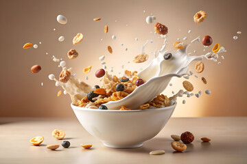 Dynamic cereal splash with flying cereal pieces and milk in a white bowl against a neutral background, capturing motion and freshness in a vibrant composition.