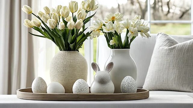 Elegant Easter Table Setting with Soft Neutrals and Spring Flowers
