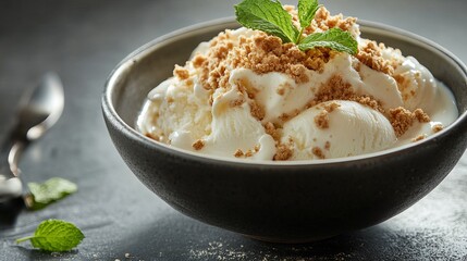 Delicious Creamy Vanilla Ice Cream Dessert Topped with Brown Sugar Crumble and Fresh Mint Leaves in a Dark Bowl Elegant Food Photography cold sweet   