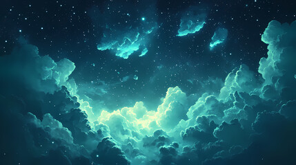 Fototapeta premium Glowing clouds drift across a turquoise night sky filled with stars. background for digital art or design. Nebula Drift. Illustration