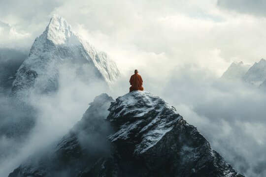A monk in orange robes sits peacefully atop a rocky summit, surrounded by stunning snow-capped peaks and soft, drifting clouds at dawn Generative AI - Powered by Adobe