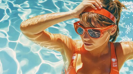 Fototapeta premium Portrait of a Young Woman with Orange Swimsuit and Sunglasses in Swimming Pool