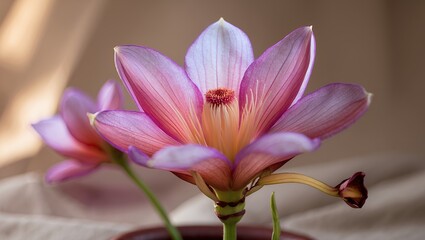 Fototapeta premium Pink and orange lotus-like blossoms, petals open, brown backdrop