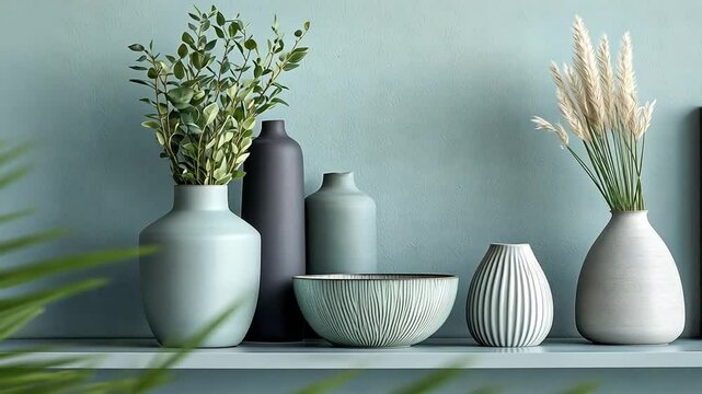 Elegant minimalist shelf arrangement with modern vases and decor