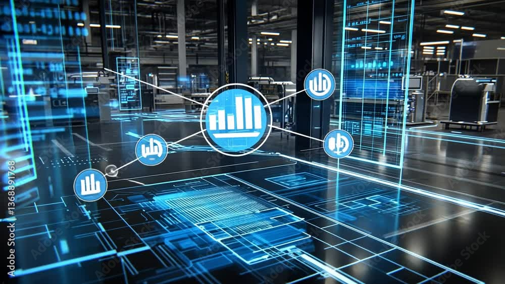 Poster holographic imaging technology on a factory floor during operations generative ai