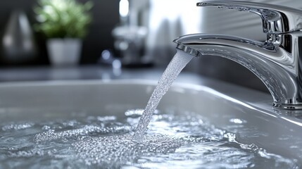 A hotel faucet installed with a water-saving device, delivering a gentle flow of water into a sink, promoting eco-friendly practices in guest rooms