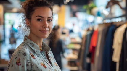 Fototapeta premium Portrait of Young Woman with Curly Hair in Clothing Store with Garments