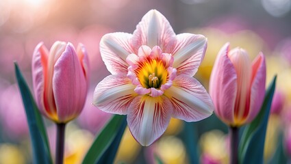 Fototapeta premium Pink and white tulips and a daffodil with a bokeh background