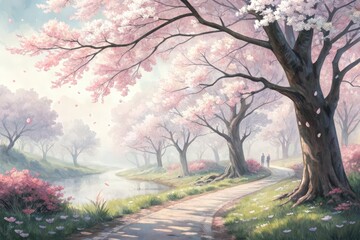 water color land scape with cherry blossom