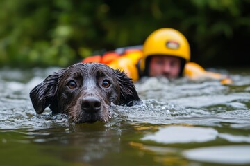 A dedicated rescue dog swims through a river with determination as a lifeguard follows closely behind in a forested location Generative AI