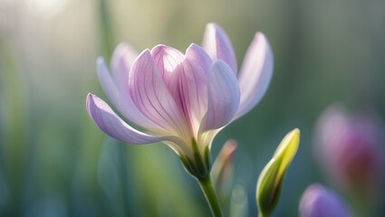 Fototapeta premium Pink crocus flower, illuminated by sunlight, delicate petals