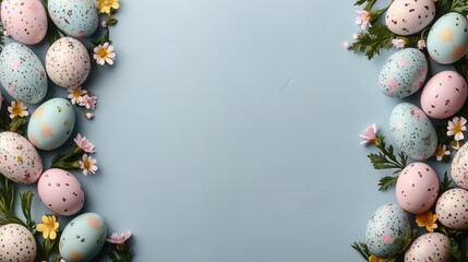 Soft Easter garland with pastel eggs and flowers on the left, empty space on the right for text, ideal for holiday marketing.