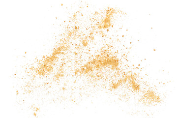 ground biscuit crumbs flying, isolated on white, top view, clipping path	