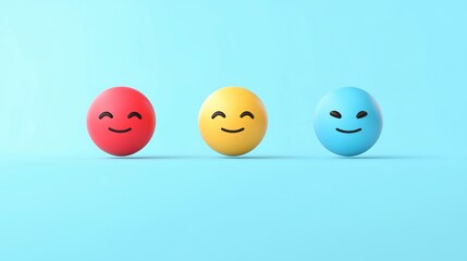 Three happy emoticons in red, yellow, and blue on a light blue background.