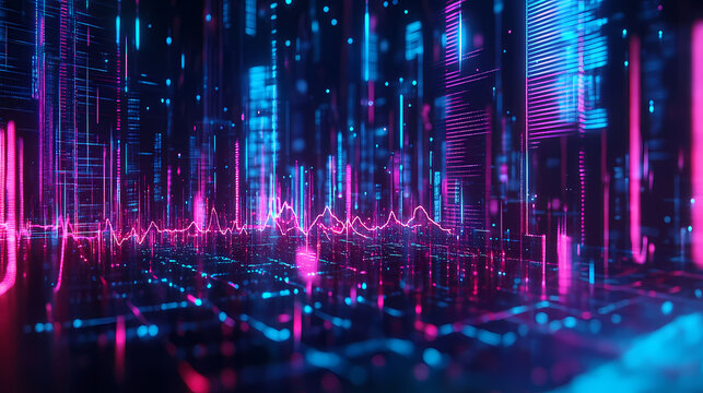 Mesmerizing holographic 3d soundwave patterns captured in a vibrant digital realm, illuminated by neon lights. Transcendent Echo. Illustration