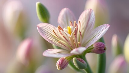 Fototapeta premium Pink flower with delicate petals, yellow center, and buds in soft focus