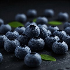 Close-Up Macro Shot of Dew-Kissed Blueberries on a Dark Slate Surface with Soft Side Lighting.