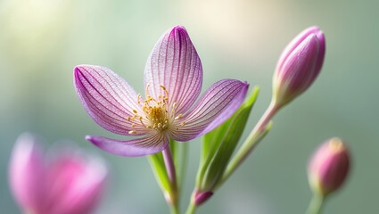 Fototapeta premium Pink flower with linear petals, buds, and yellow center