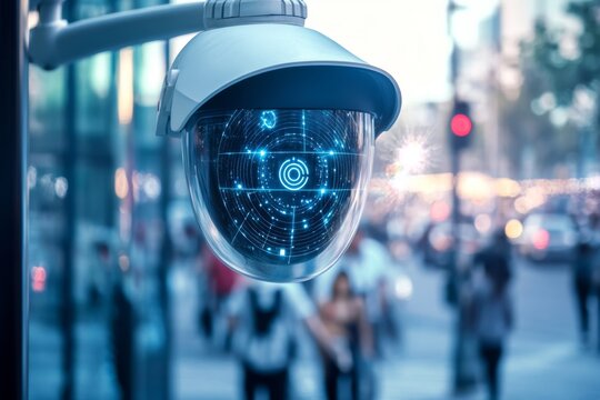 A high-tech surveillance camera monitors a bustling city street filled with pedestrians during late afternoon, capturing daily life Generative AI