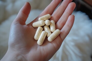 A hand holding several beige capsules on a soft, fluffy surface