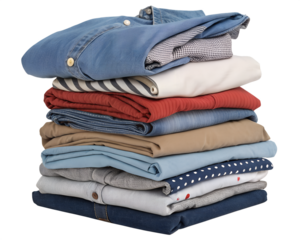 A neatly stacked pile of freshly laundered clothes showcasing various textures and colors, ready for the week ahead, against a clean white background. AI Generative