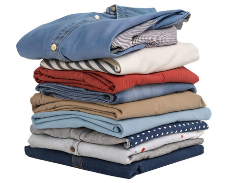 A neatly stacked pile of freshly laundered clothes showcasing various textures and colors, ready for the week ahead, against a clean white background. AI Generative