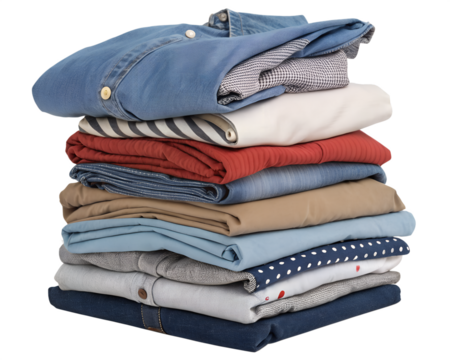 A neatly stacked pile of freshly laundered clothes showcasing various textures and colors, ready for the week ahead, against a clean white background. AI Generative