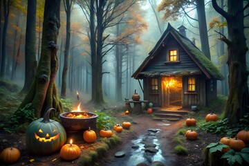 Happy Halloween Text Banner. Halloween haunted old house and cemetery silhouette landscape. Happy Halloween scary background or banner,creepy vector backdrop with fool moon and flying bats.