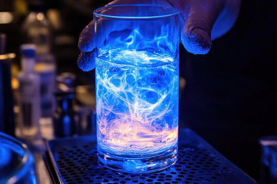 A bartender skillfully creates a mesmerizing blue-lit cocktail, showcasing swirling flames within the glass's depths. The vibrant blue light emanates from the liquid, creating a captivating spectacle.