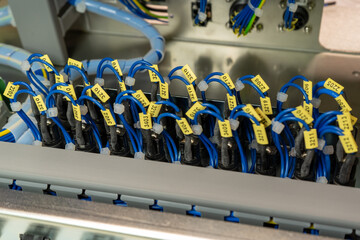 Blue wires with yellow labels connected to the fuse holders in the electric panel. 