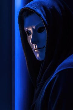 Mysterious figure in hooded cloak wearing white mask in dim blue light