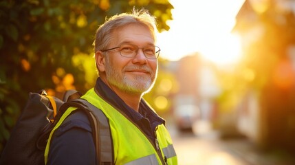 Smiling Middle Aged Technician in Yellow Vest Against Sunlight Urban Backdrop