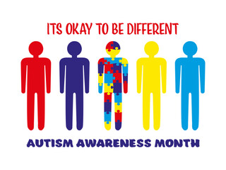 Autism awareness month flat banner concept. Its okay to be different. Set of multicolored human shaped puzzle pieces. ASD syndrome tolerance