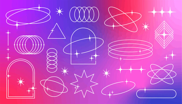 Boho and retro-inspired geometric line shapes with star sparkles and modern brutalist elements, perfect for digital graphics, stickers, and trendy web designs