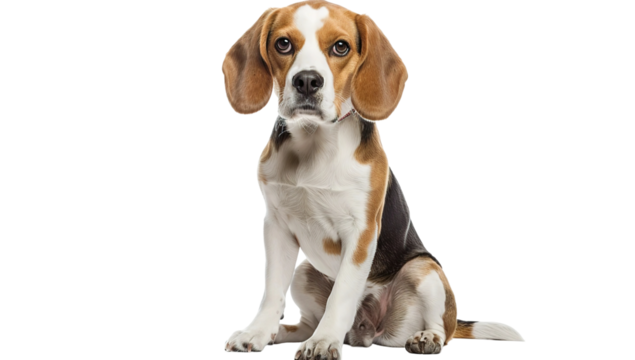 Beagle sitting, full-body shot from head to paws, looking at the camera, isolated on a white