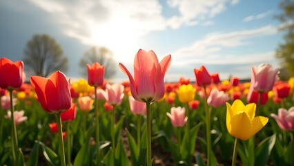 AI GENERATE, vibrant field of tulips in full bloom under a cloudy spring sky