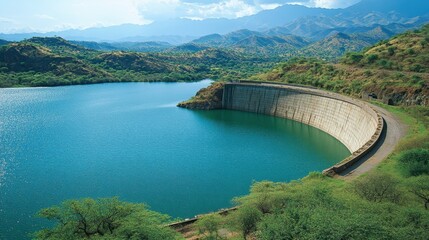 A reservoir surrounded by lush greenery showcases efficient water management and beautiful landscapes under a clear sky