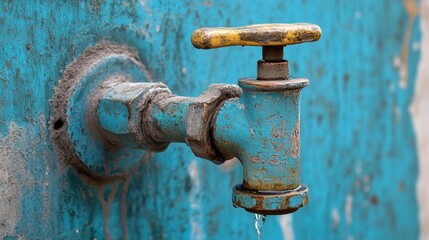 A vintage water tap against a weathered blue background symbolizes the importance of water conservation in educational settings