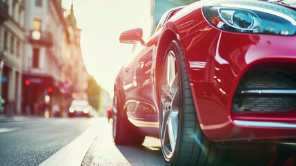 Luxury, sports car and driving closeup with wheel in city, outdoor in summer and person on road trip. Red, convertible and rich driver with transport to travel on highway and vehicle on street